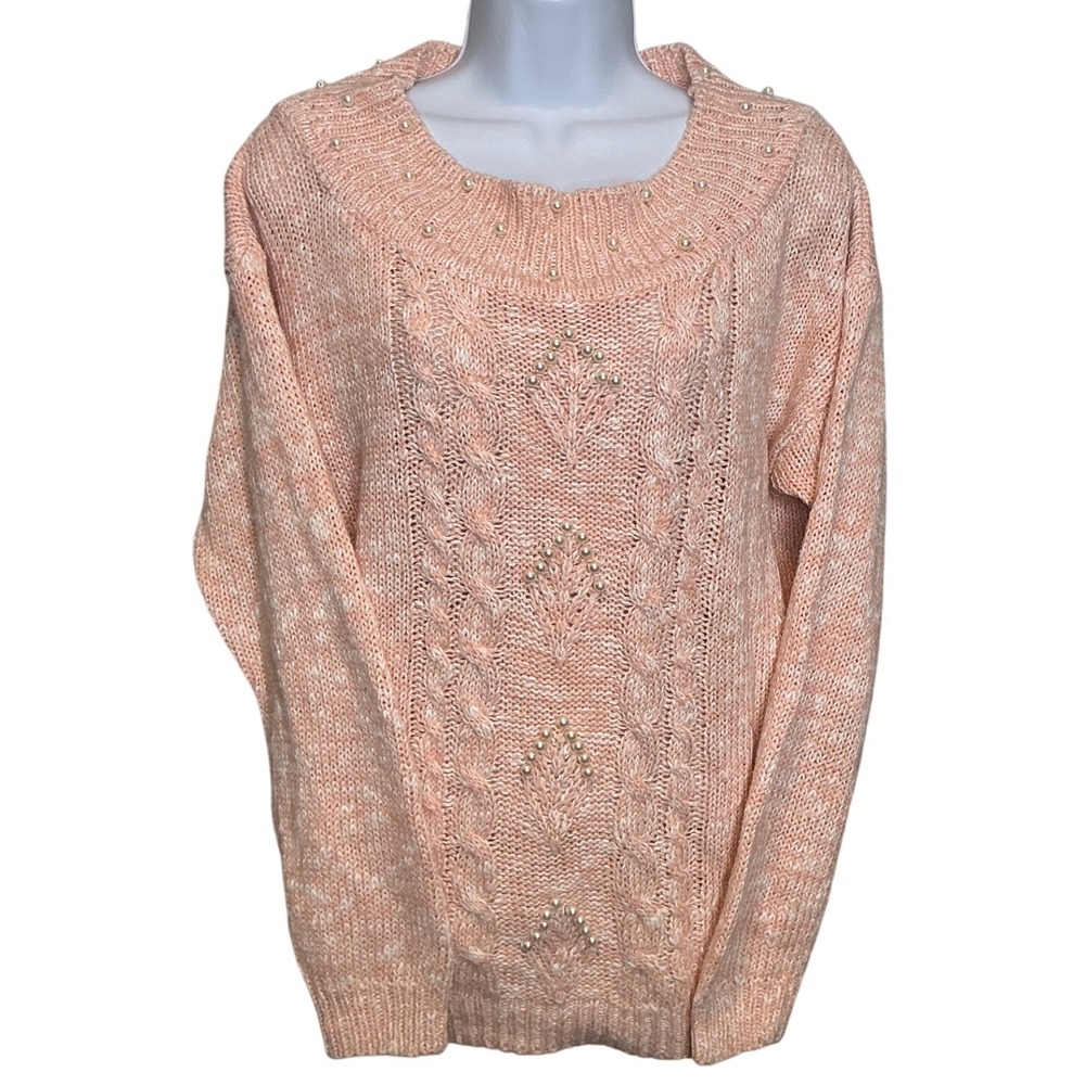 Vintage Rebecca Lynn Womens Pink‎ Pearl Cable Knit Sweater Sz L Dainty Feminine